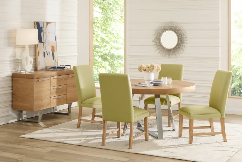 San Francisco Natural 5 Pc Round Dining Room with Green Upholstered Chairs