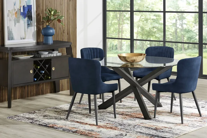 Axia Black 5 Pc Round Dining Room with Navy Chairs