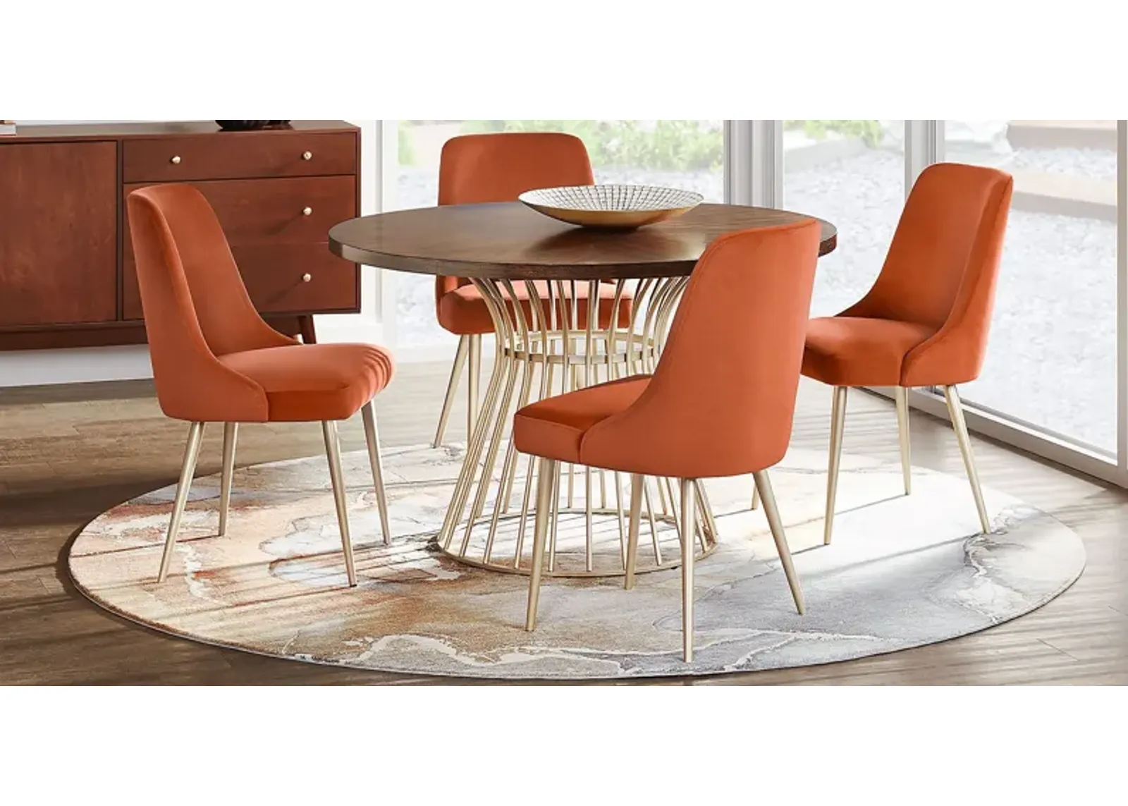 Calisi Brown 5 Pc Round Dining Room with Orange Chairs