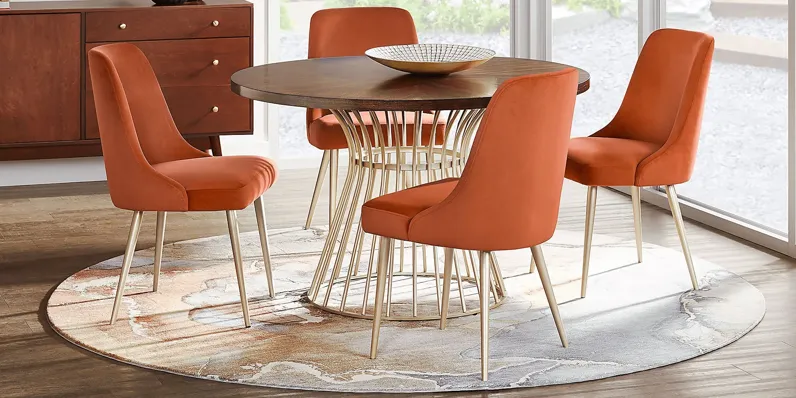 Calisi Brown 5 Pc Round Dining Room with Orange Chairs