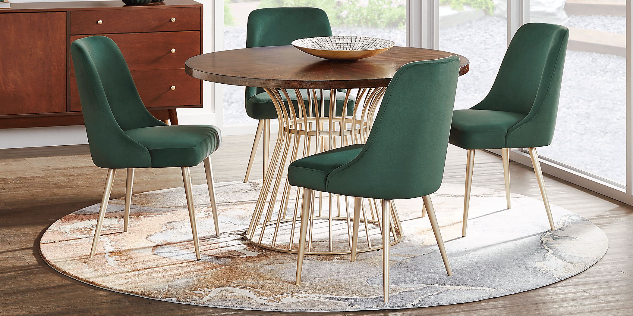 Calisi Brown 5 Pc Round Dining Room with Green Chairs