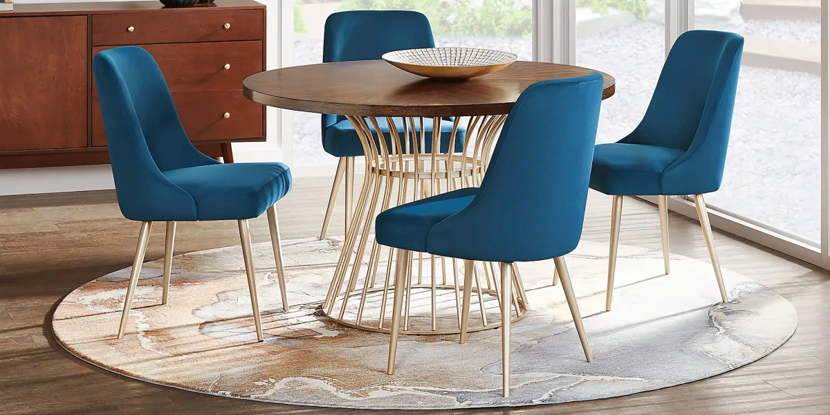 Calisi Brown 5 Pc Round Dining Room with Blue Chairs