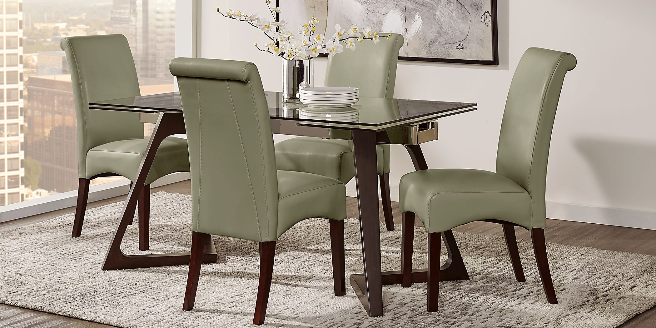 Amhearst Brown 5 Pc Rectangle Dining Set with Green Chairs