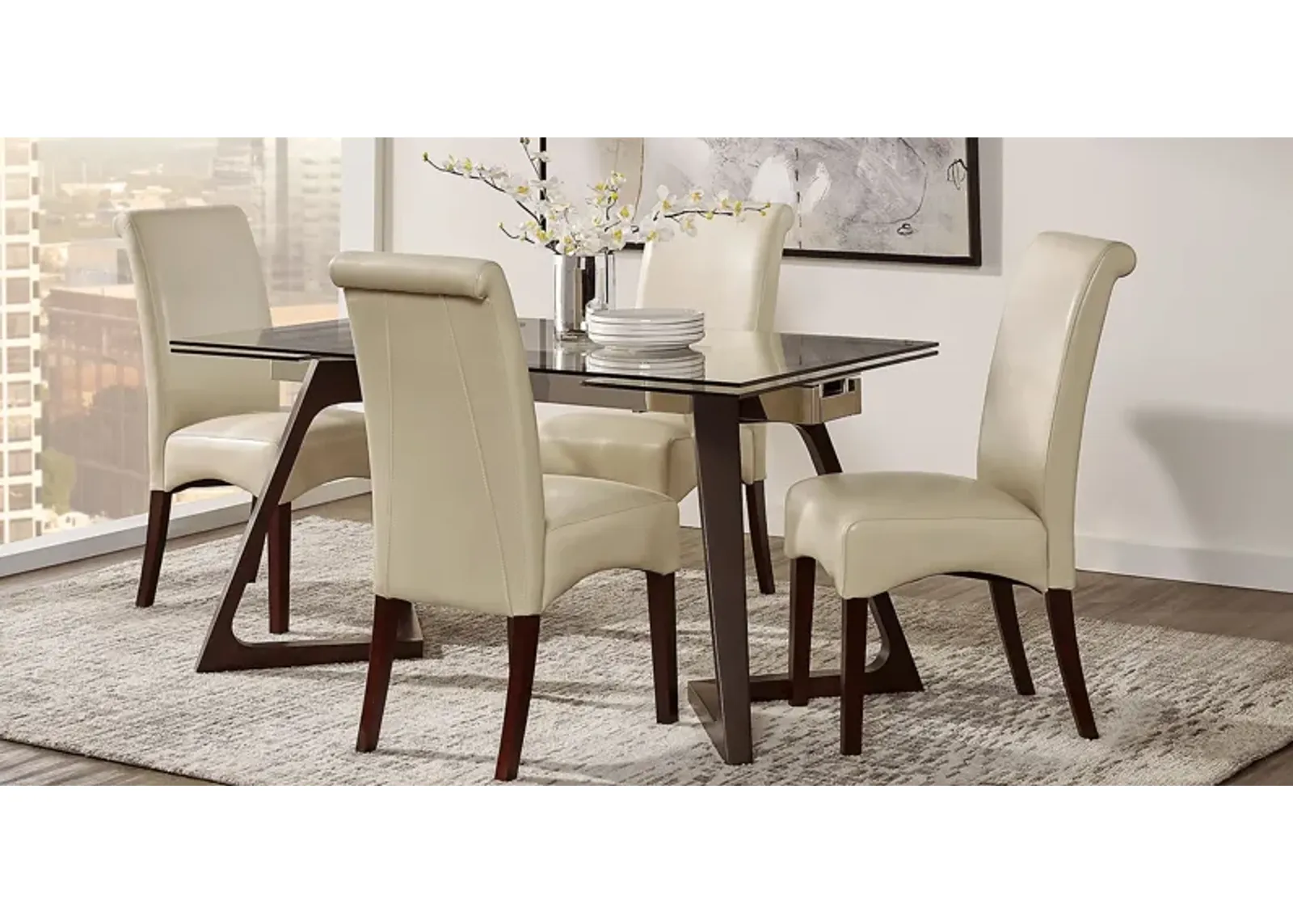 Amhearst Brown 5 Pc Rectangle Dining Set with Ivory Chairs