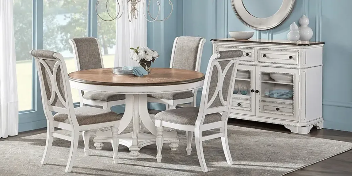 French Market White 5 Pc Round Dining Room with Upholstered Chairs