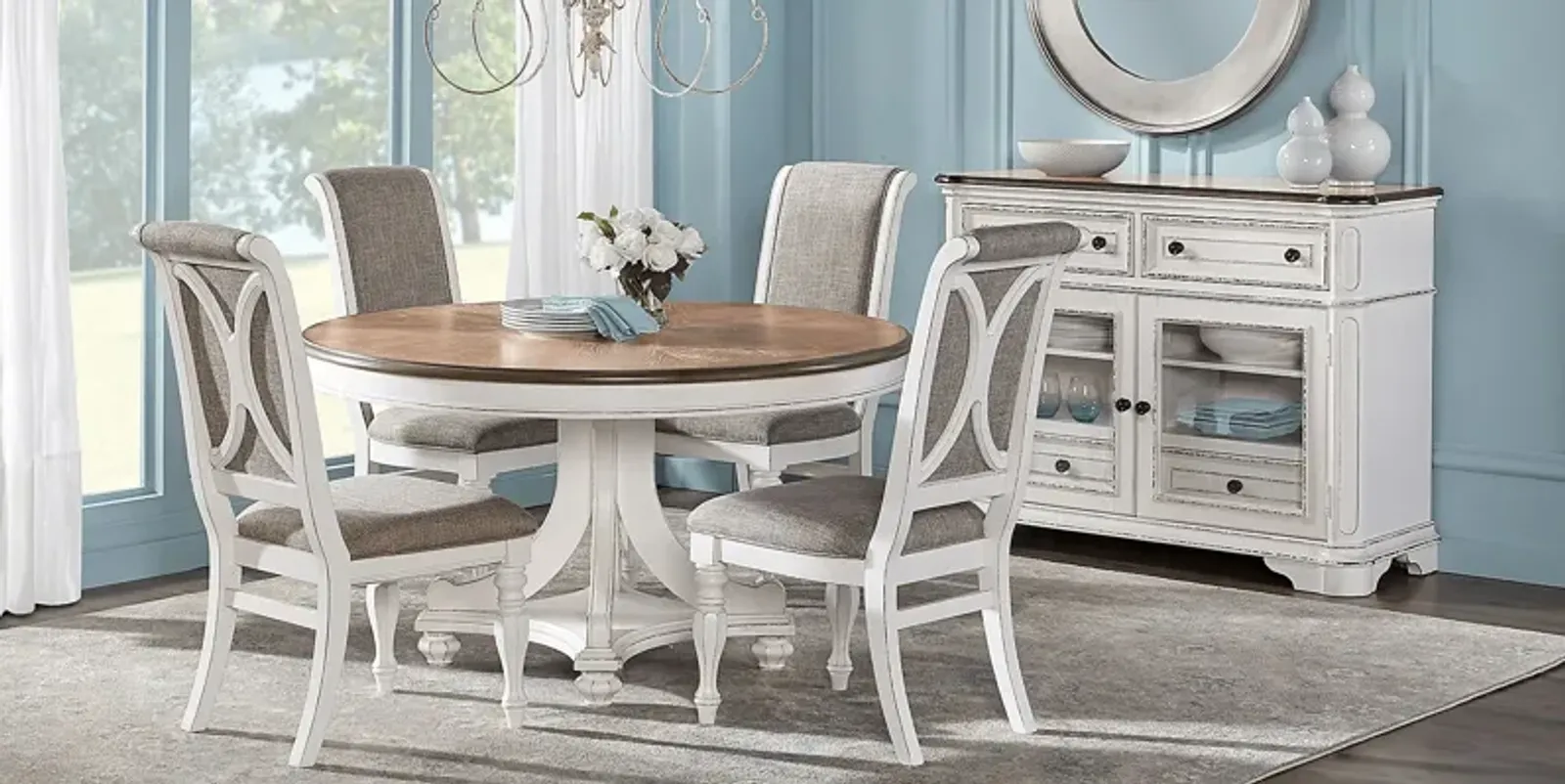 French Market White 5 Pc Round Dining Room with Upholstered Chairs