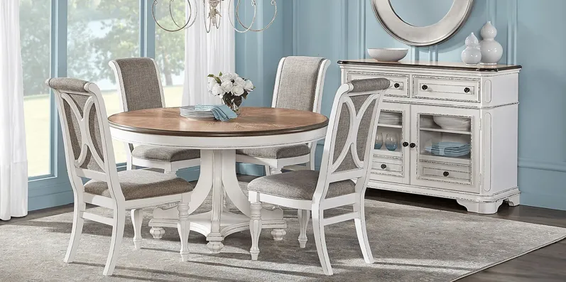 French Market White 5 Pc Round Dining Room with Upholstered Chairs