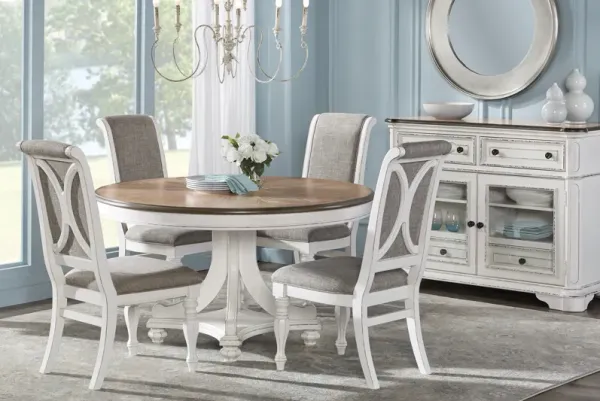 French Market White 5 Pc Round Dining Room with Upholstered Chairs