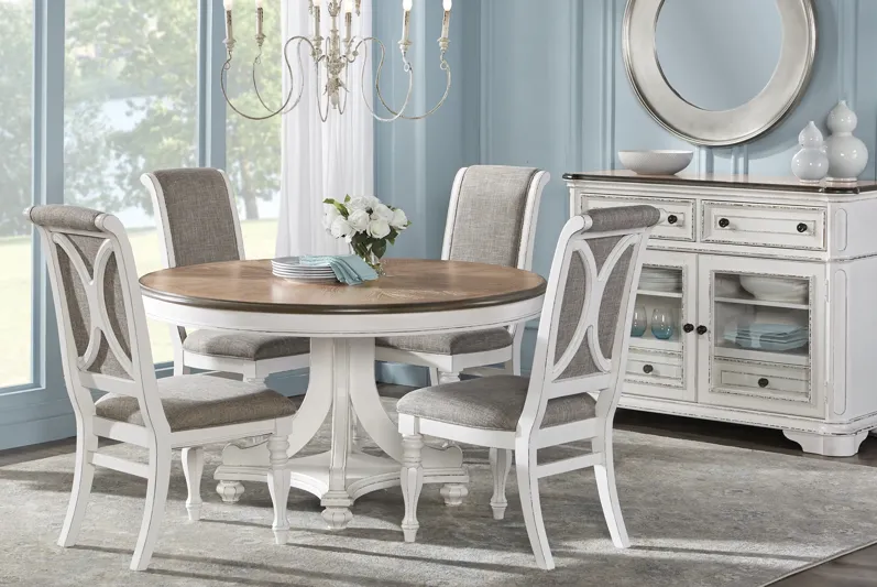 French Market White 5 Pc Round Dining Room with Upholstered Chairs