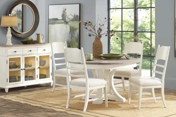Lainey Cottage White 5 Pc Round Dining Room with Ladder Back Chairs