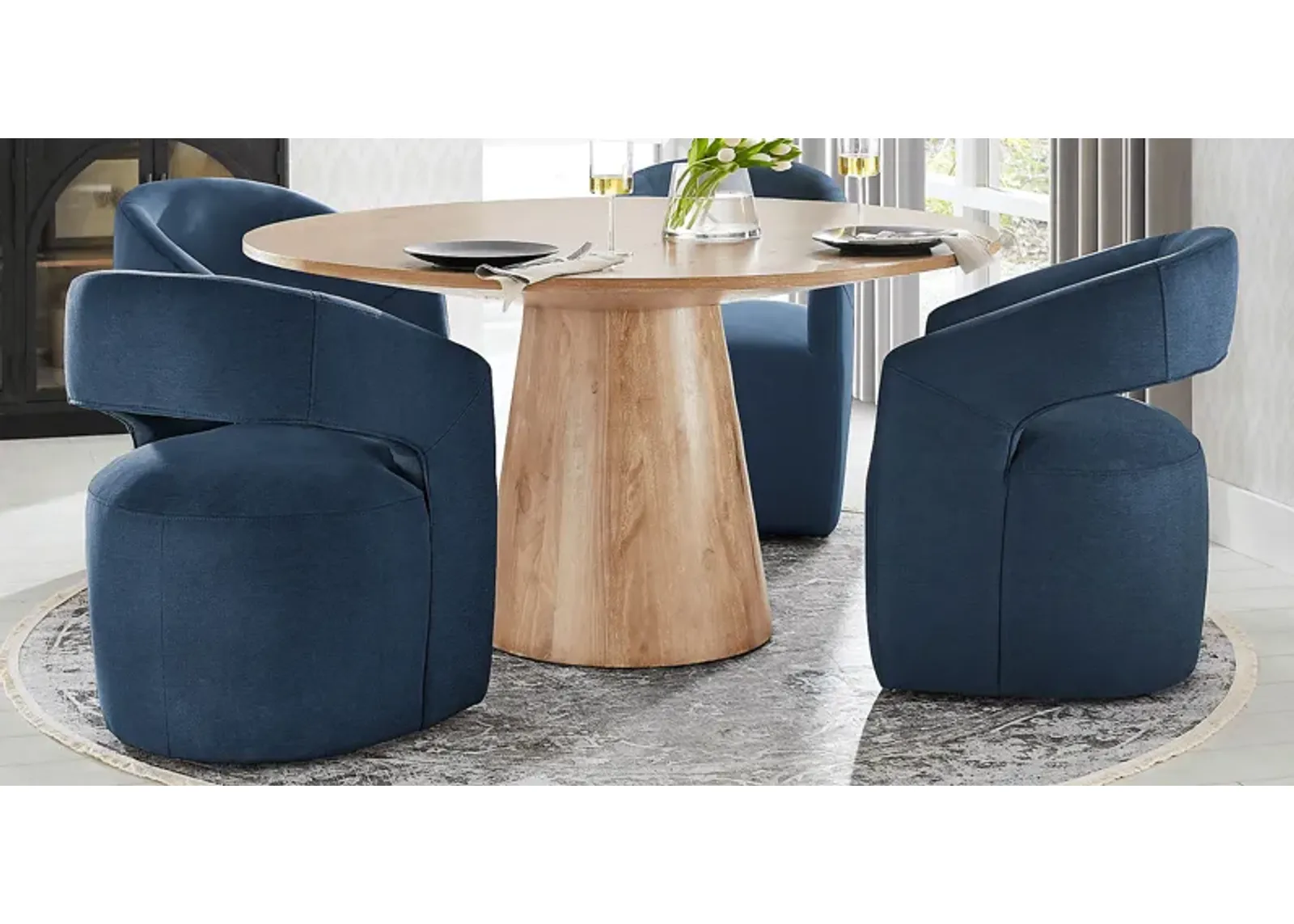 Kendall Natural 5 Pc 59"" Round Dining Room with Navy Cascade Park Arm Chairs