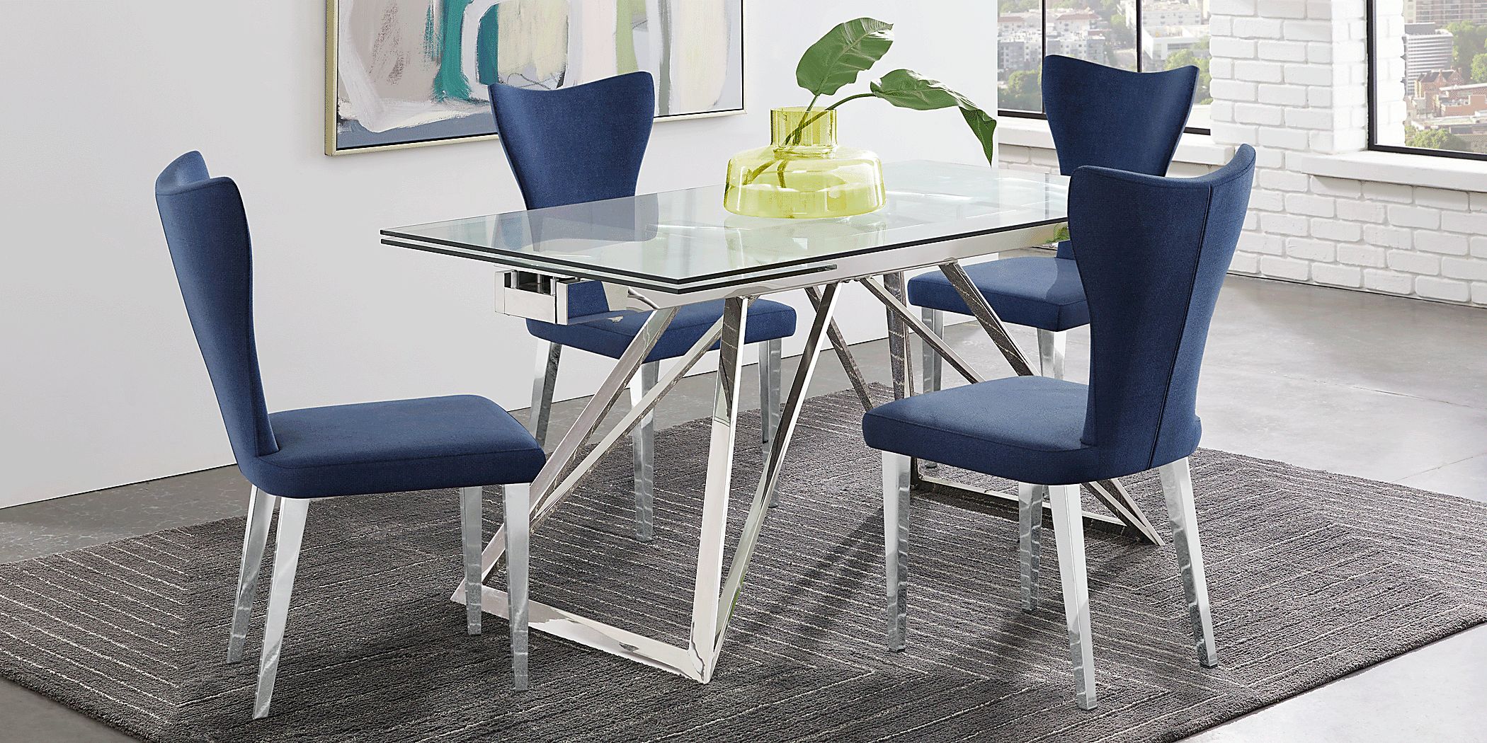 Zenica Silver 5 Pc Rectangle Dining Room with Blue Chairs