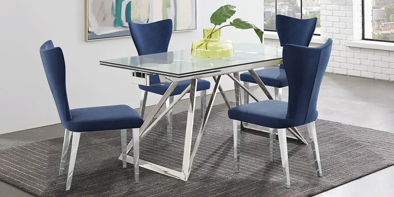 Zenica Silver 5 Pc Rectangle Dining Room with Blue Chairs