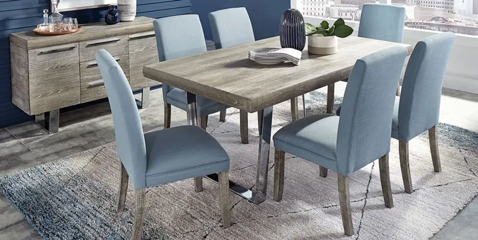 San Francisco Gray 7 Pc Dining Room with Blue Chairs