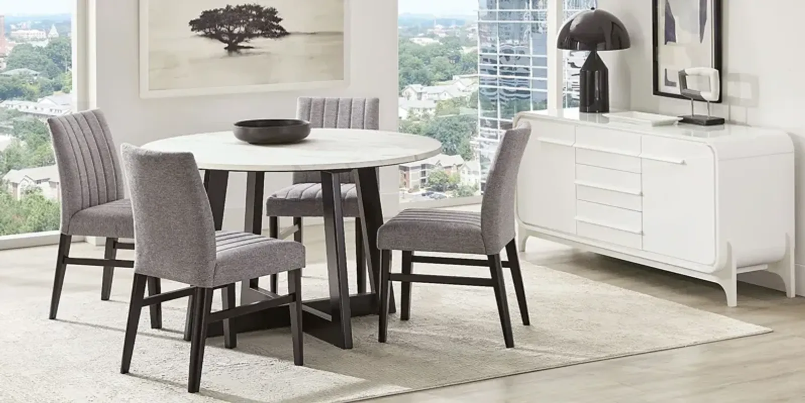 Jarvis White 5 Pc Round Dining Room with Gray Side Chairs