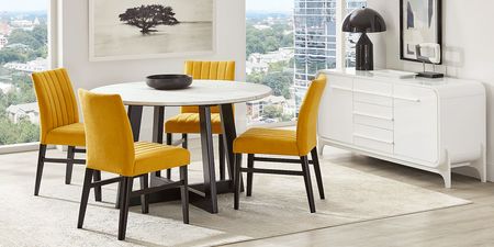 Jarvis White 5 Pc Round Dining Room with Yellow Side Chairs