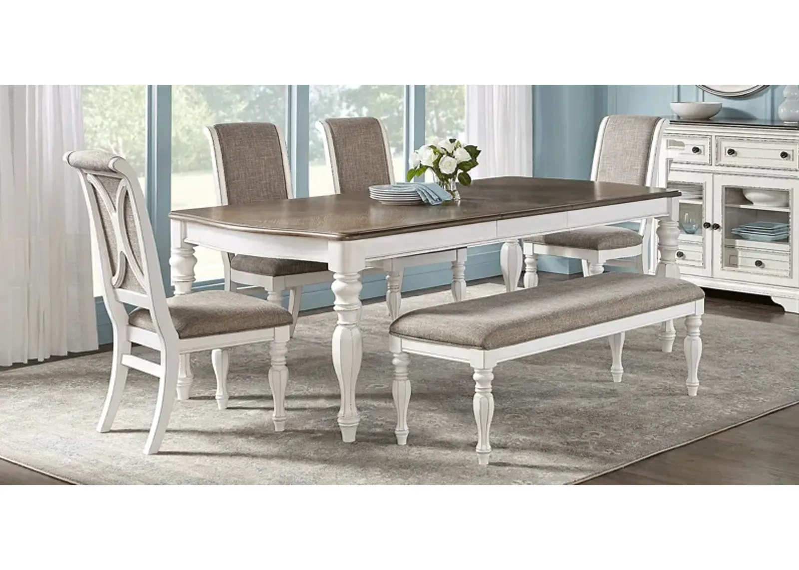 French Market White 6 Pc Rectangle Dining Room with Upholstered Chairs and Dining Bench