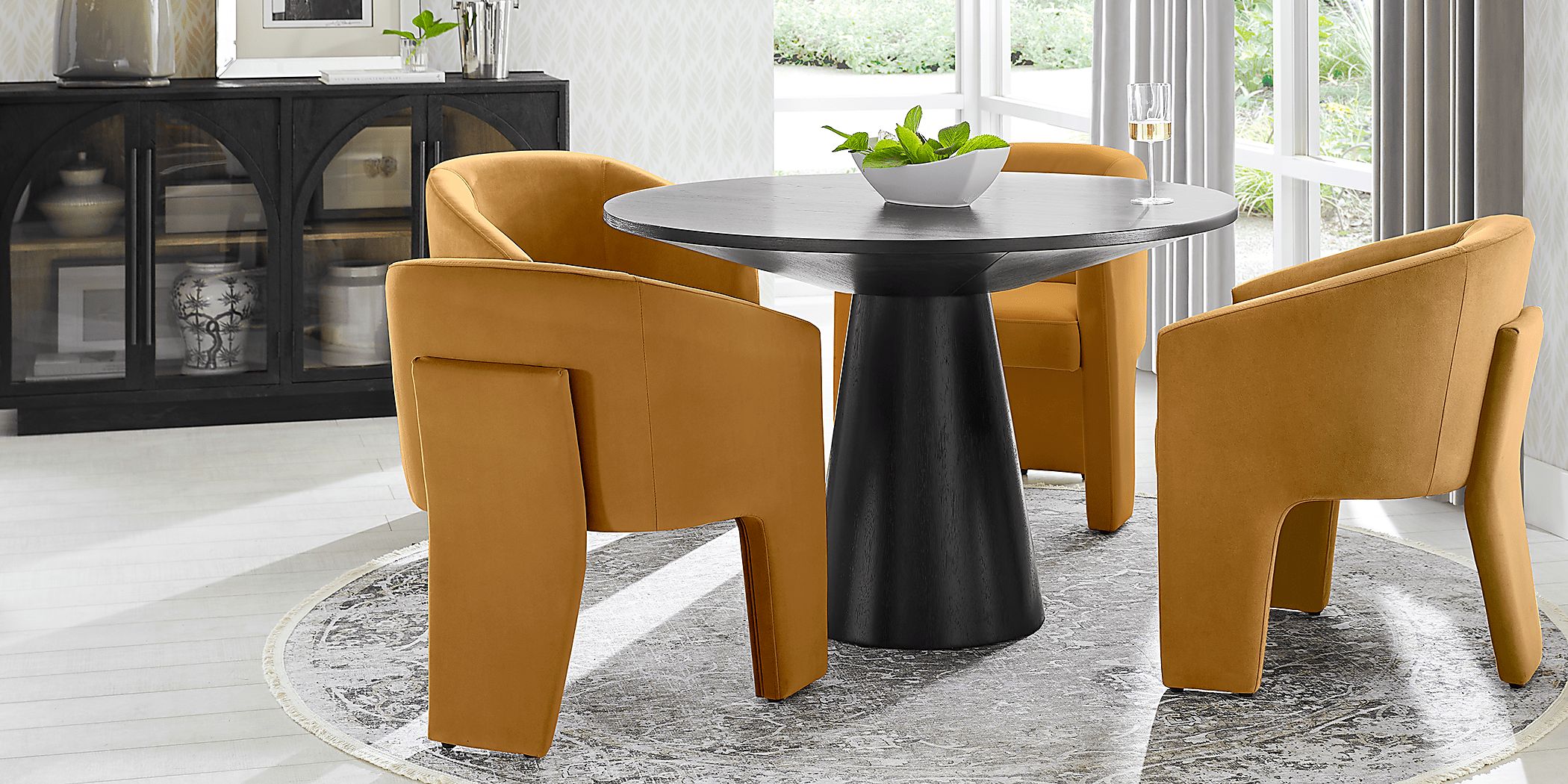 Kendall Black 5 Pc 48"" Round Dining Room with Gold Arm Chairs