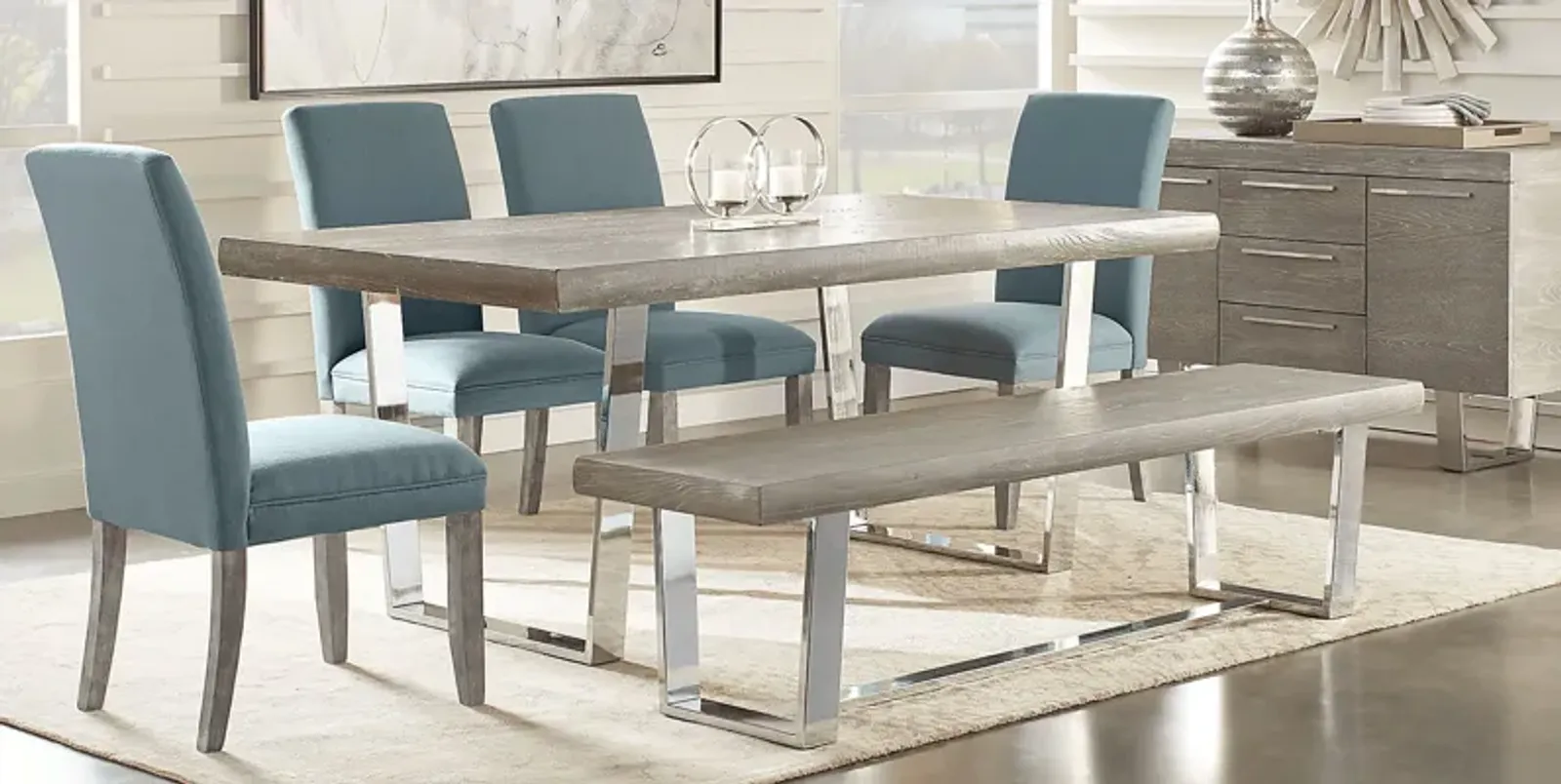 San Francisco Gray 6 Pc Dining Room with Bench and Blue Side Chairs