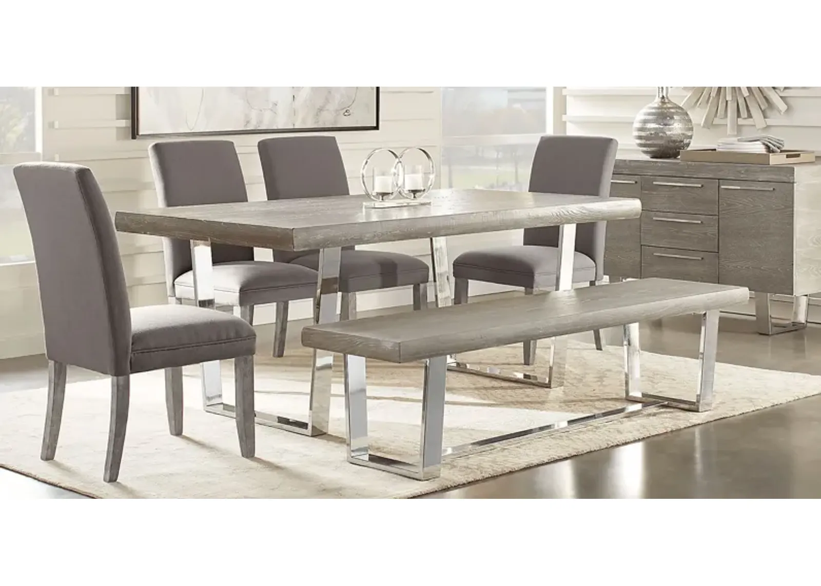 San Francisco Gray 6 Pc Dining Room with Bench and Gray Side Chairs