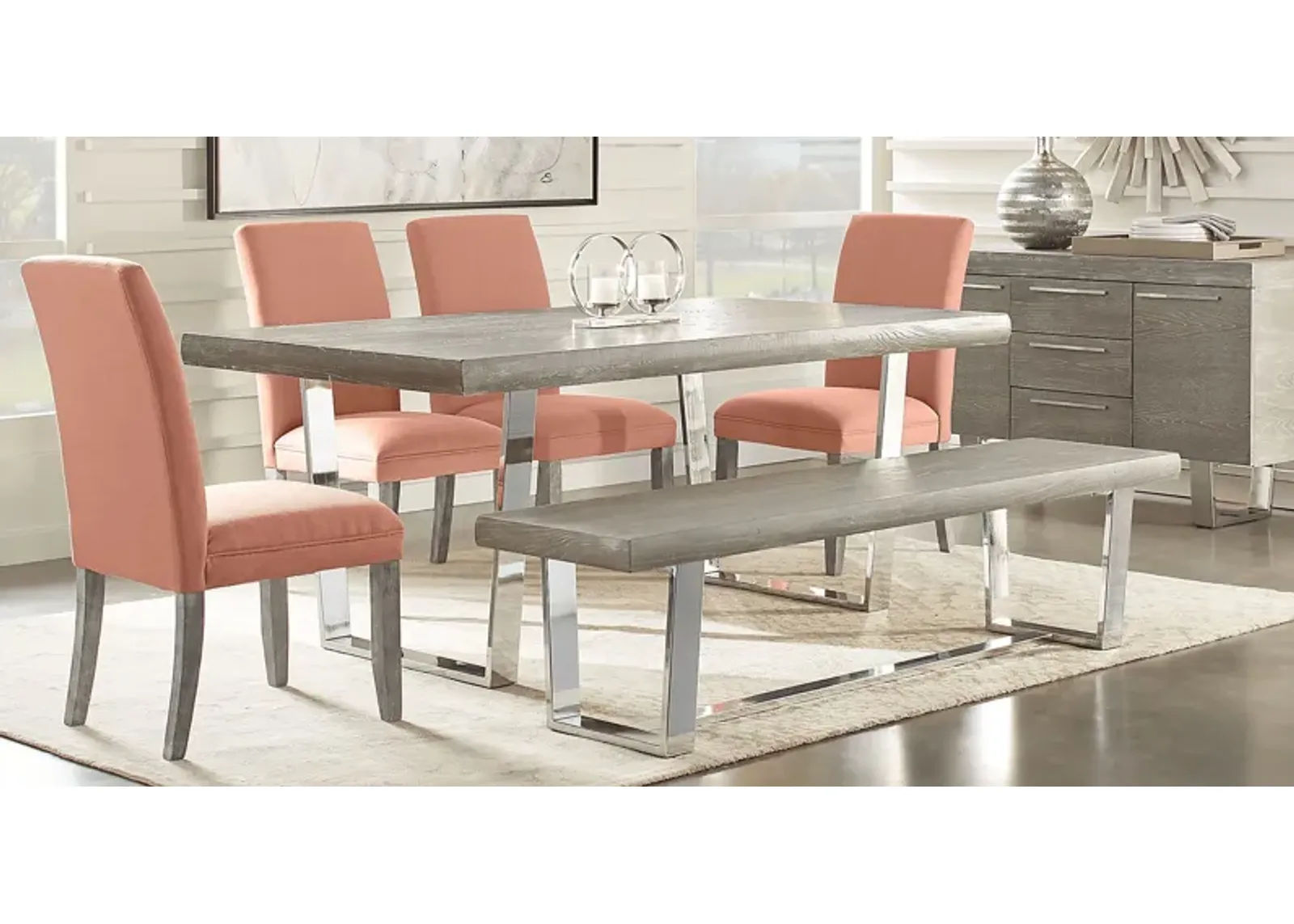 San Francisco Gray 6 Pc Dining Room with Bench and Orange Side Chairs