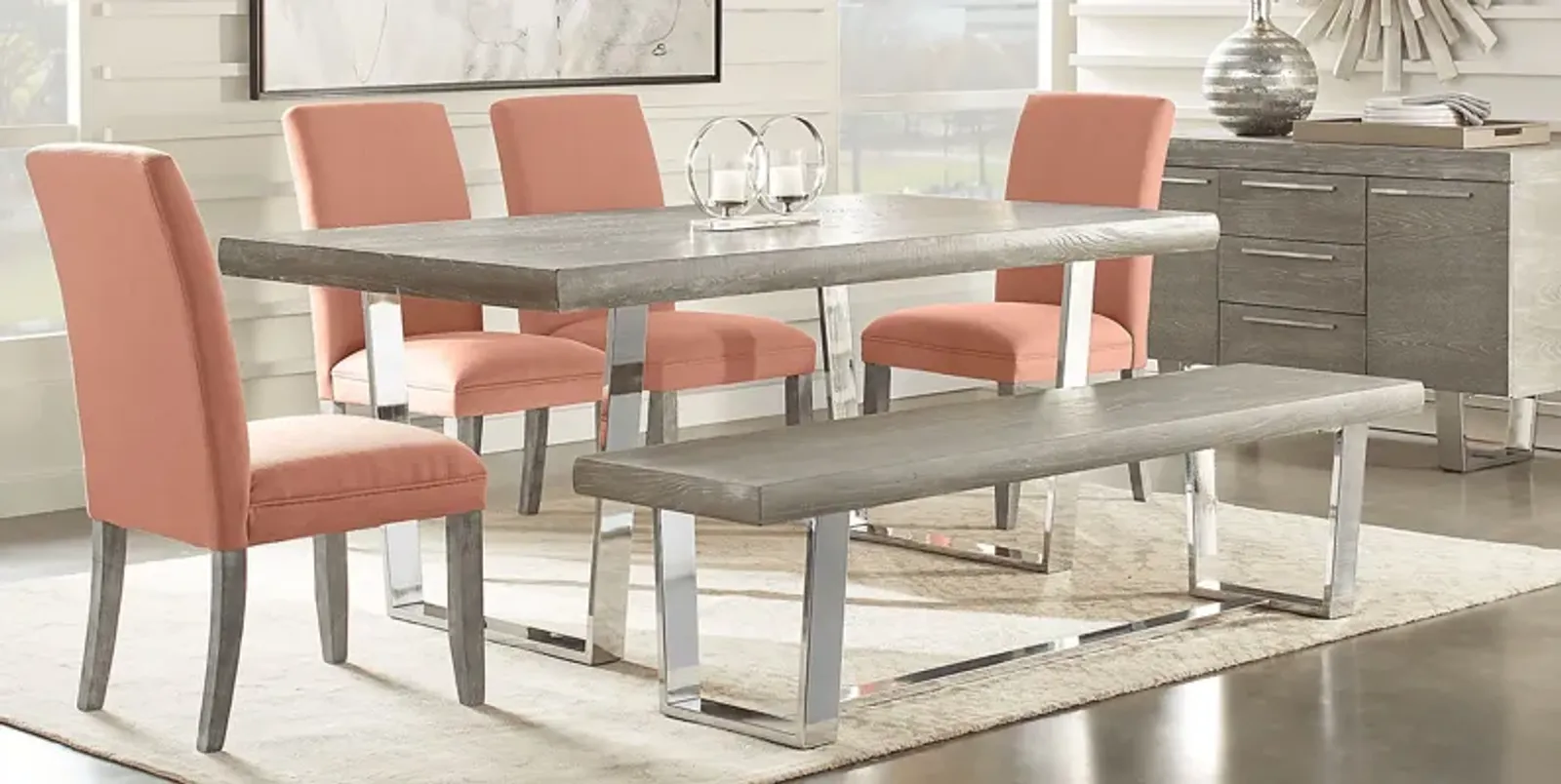 San Francisco Gray 6 Pc Dining Room with Bench and Orange Side Chairs