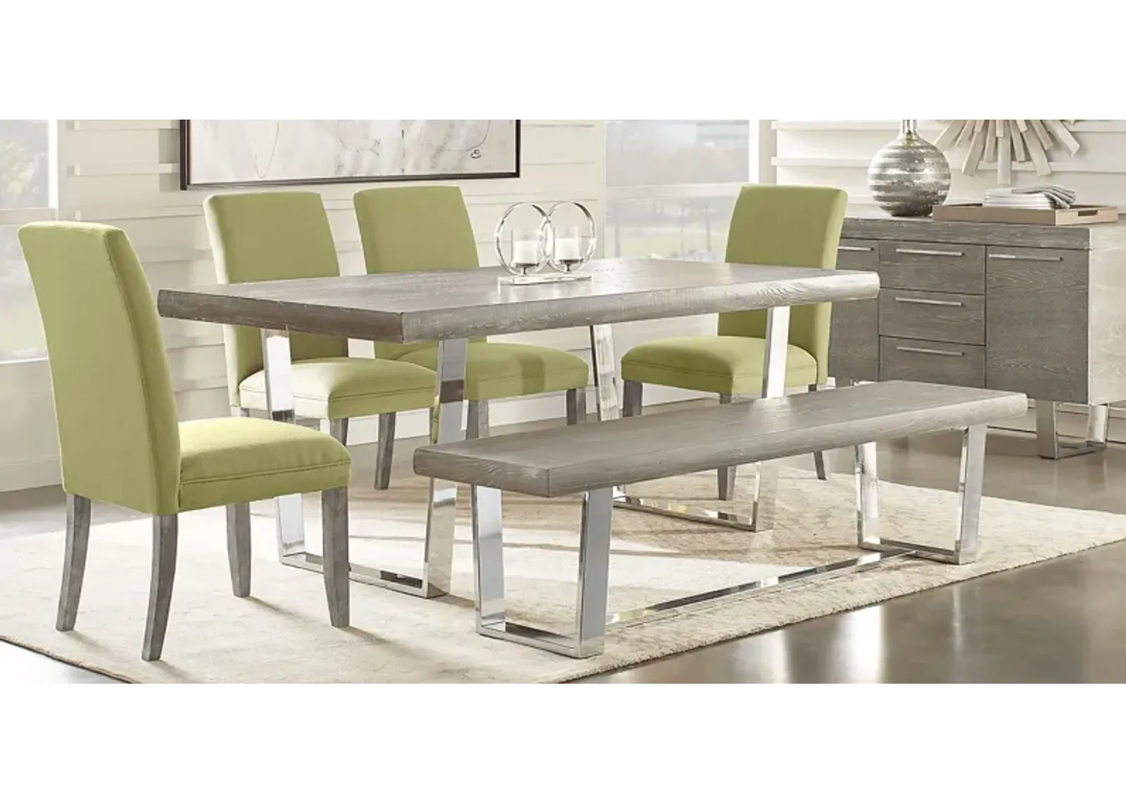 San Francisco Gray 6 Pc Dining Room with Bench and Kiwi Side Chairs