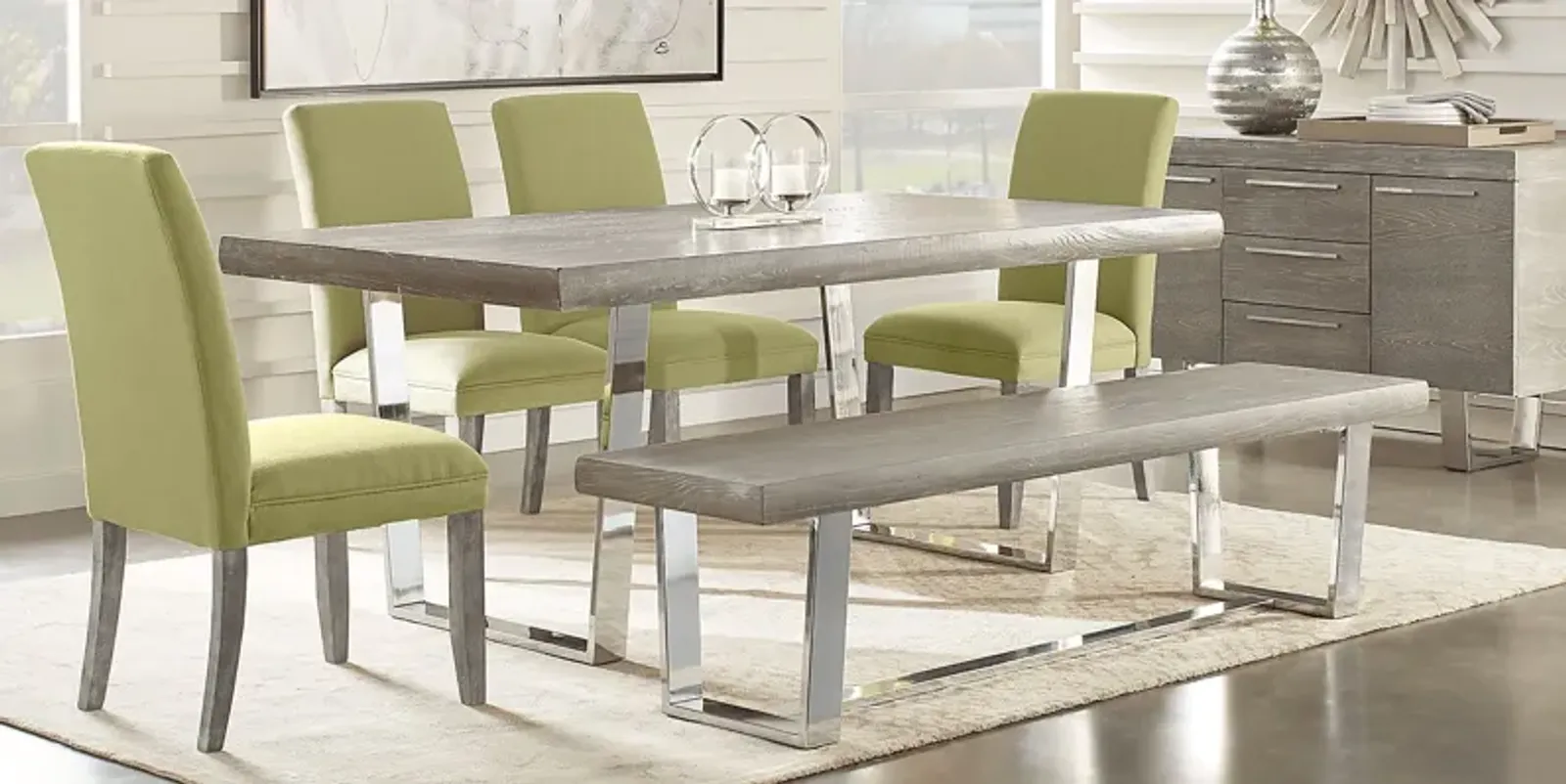 San Francisco Gray 6 Pc Dining Room with Bench and Kiwi Side Chairs