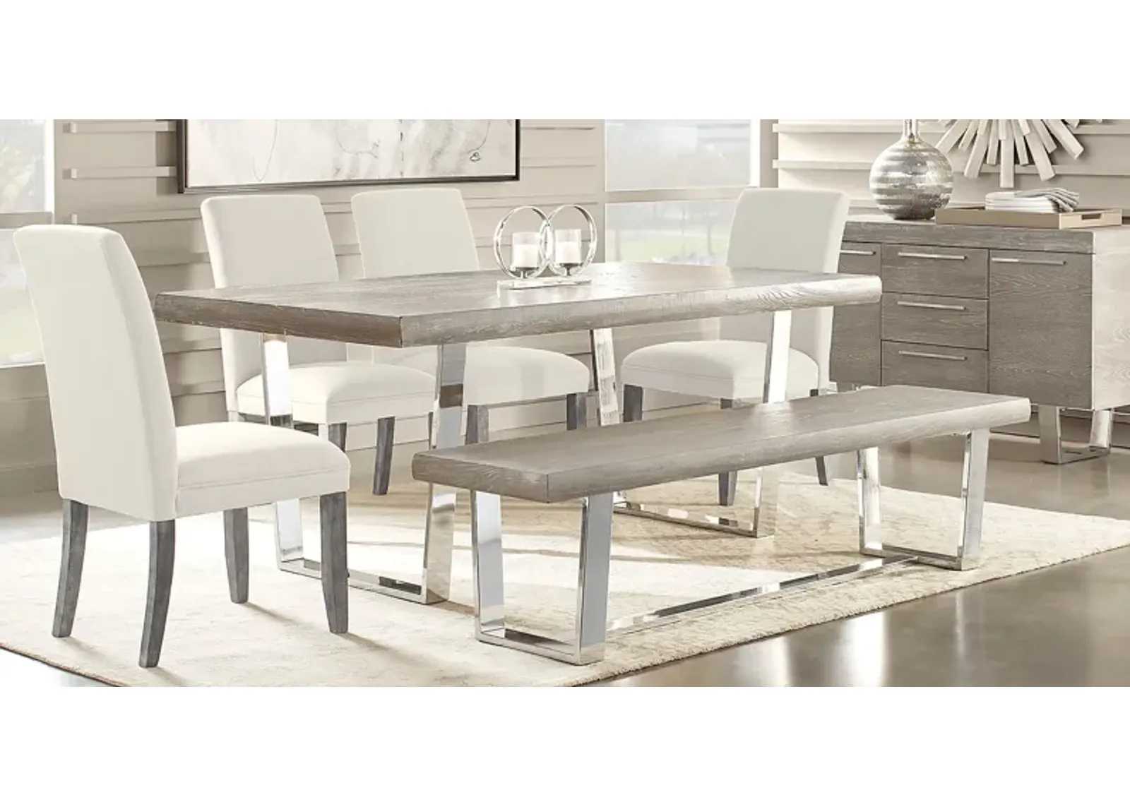 San Francisco Gray 6 Pc Dining Room with Bench and White Side Chairs