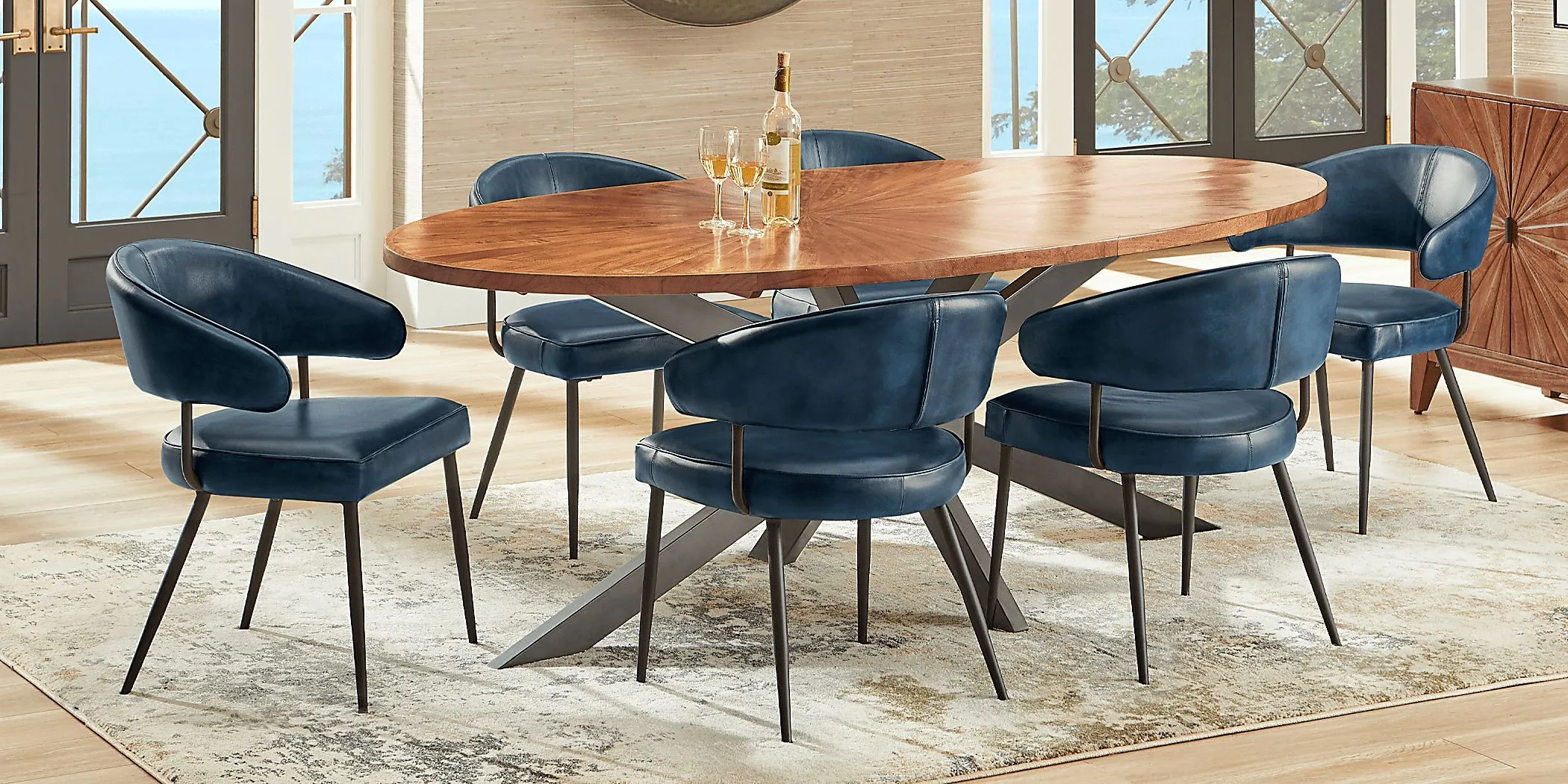 Cedona View Natural 5 Pc Dining Room with Navy Chairs