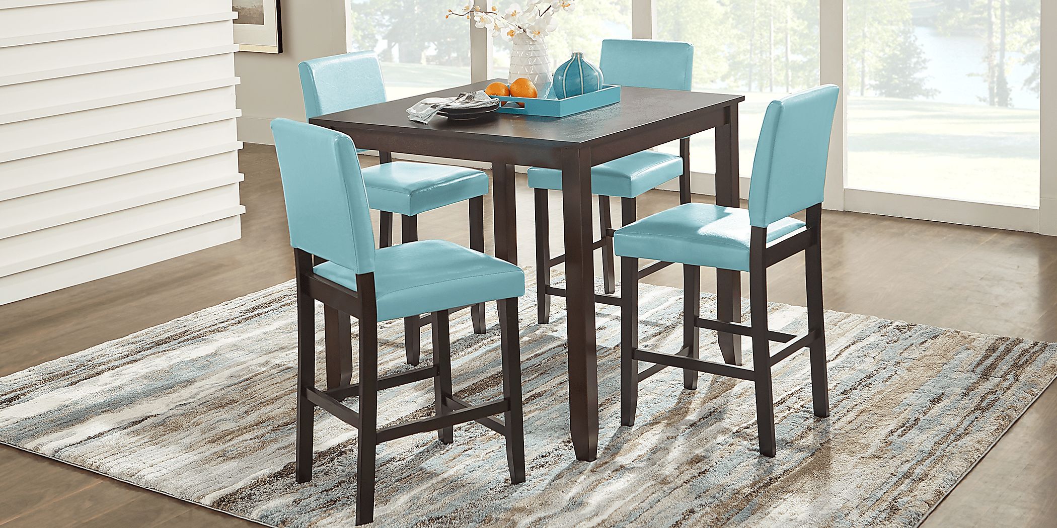 Sunset View Brown Cherry 5 Pc Counter Height Dining Set with Blue Stools