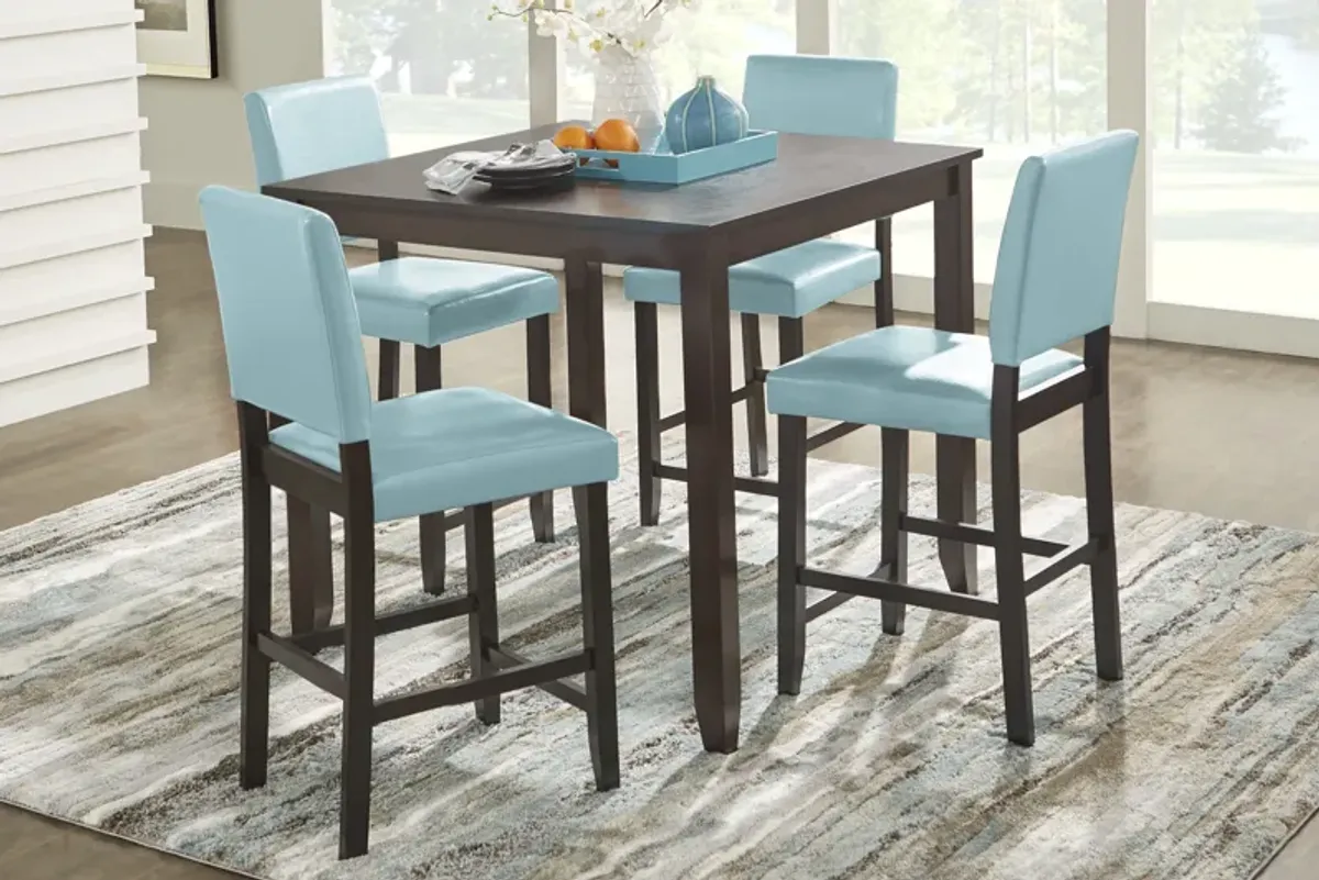 Sunset View Brown Cherry 5 Pc Counter Height Dining Set with Blue Stools