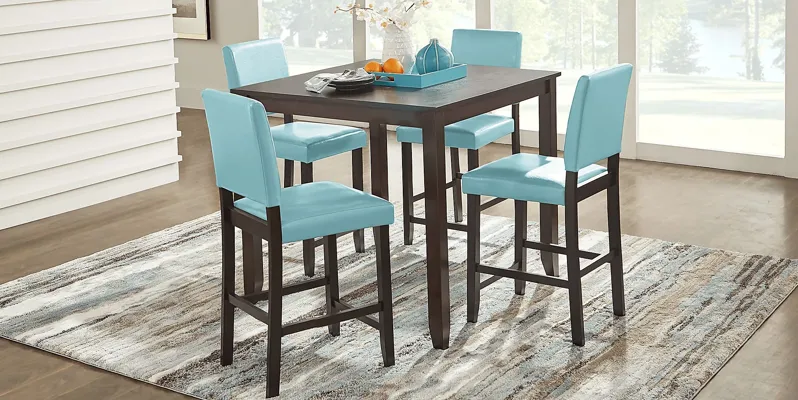 Sunset View Brown Cherry 5 Pc Counter Height Dining Set with Blue Stools