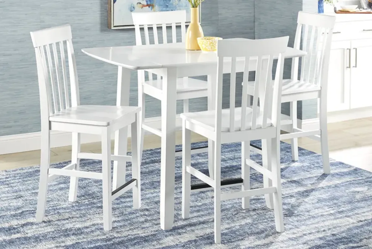 Concord White 5 Pc Counter Height Drop Leaf Dining Room with White Slat Back Stools