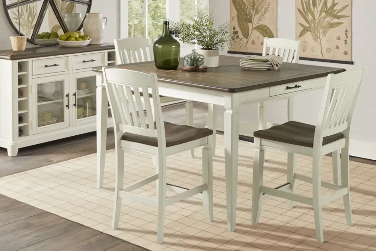 Country Lane Antique White 5 Pc Counter Height Dining Room with Slat Back Stools