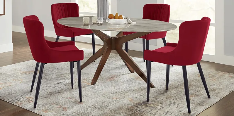 Delmon White 5 Pc Oval Dining Set with Bordeaux Side Chairs