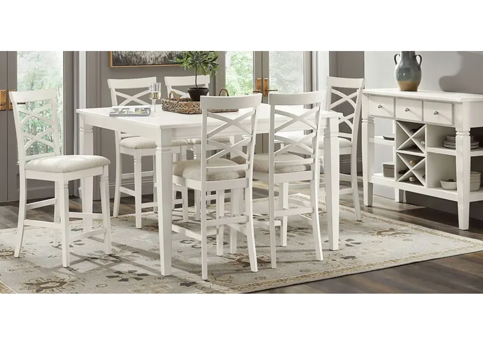 Winslow White 5 Pc Square Counter Height Dining Room with X-Back Stools