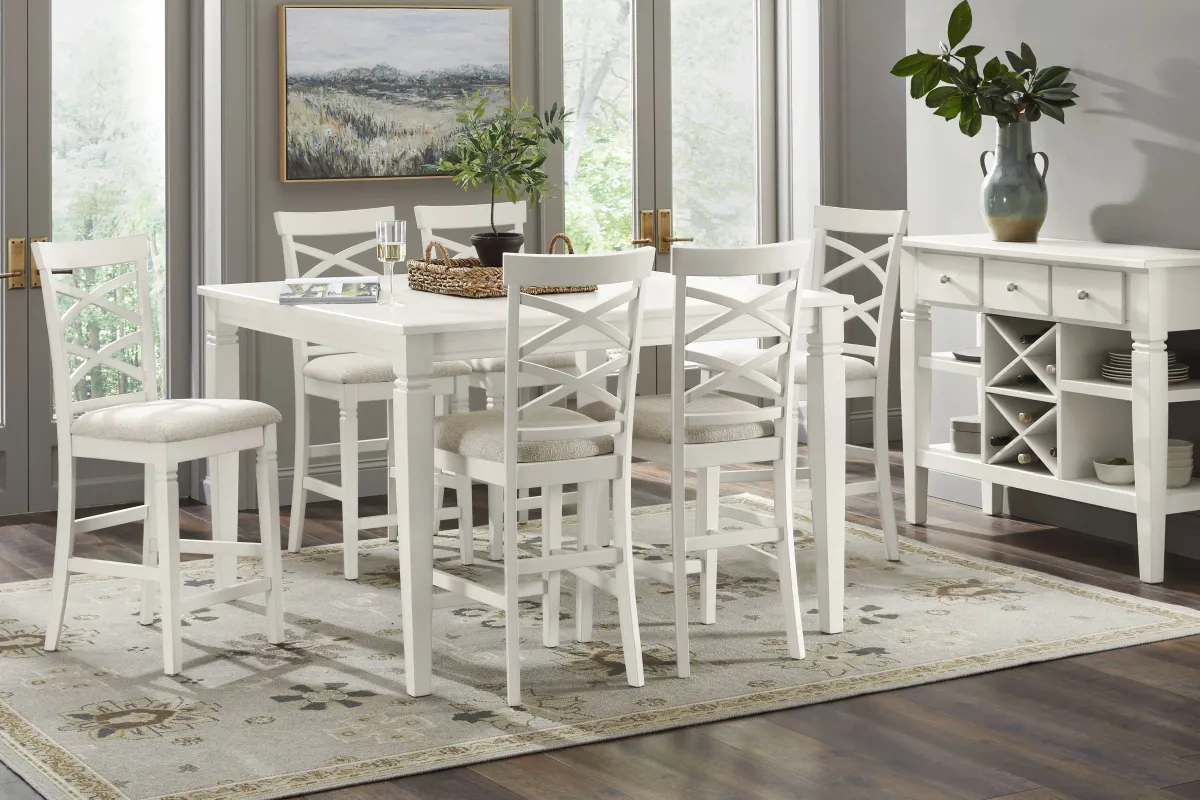 Winslow White 5 Pc Square Counter Height Dining Room with X-Back Stools