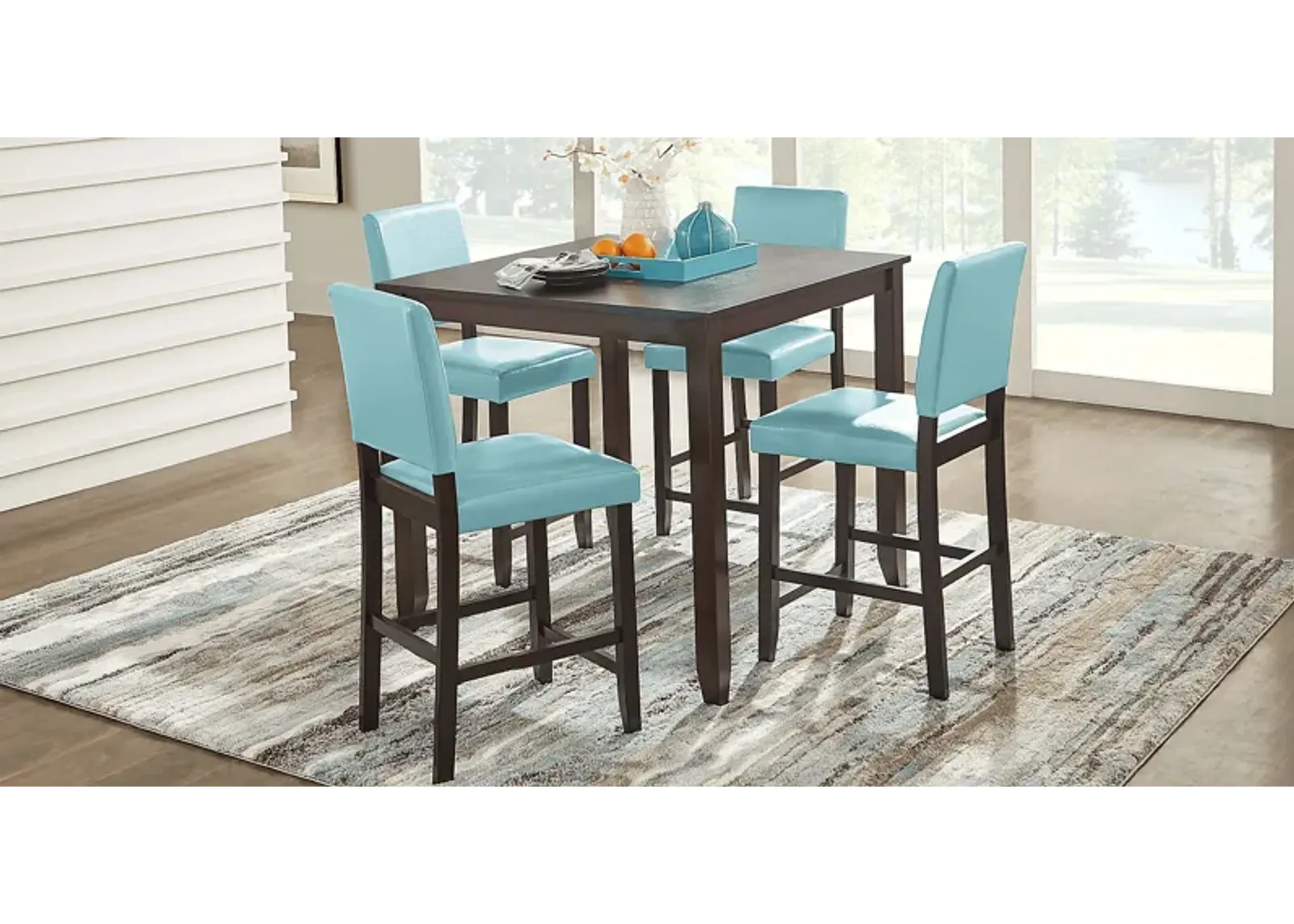 Sunset View Brown Cherry 3 Pc Counter Height Dining Set with Blue Stools