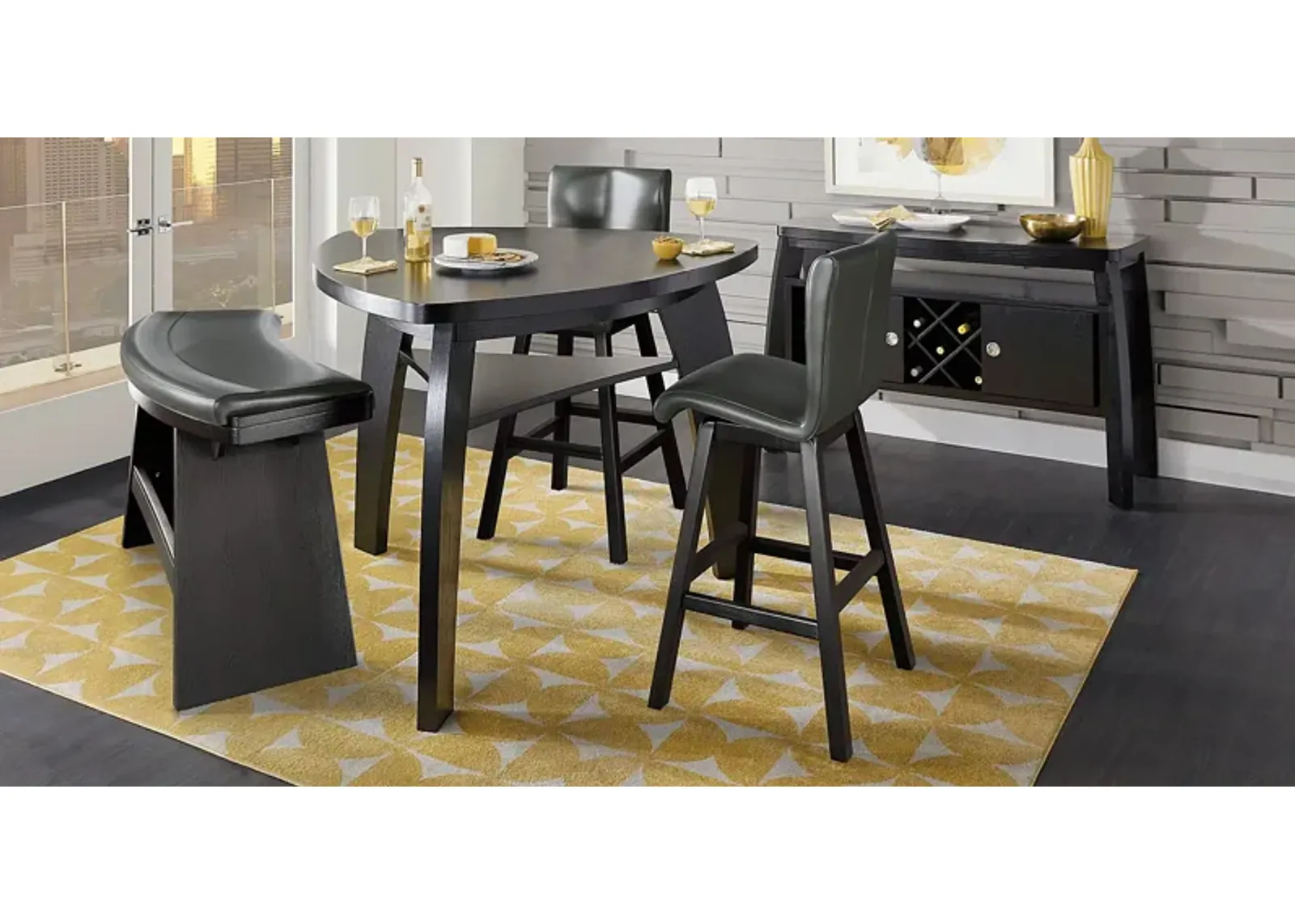 Cider Creek Chocolate 4 Pc Bar Height Dining Room With Gray Stools and Curved Bench