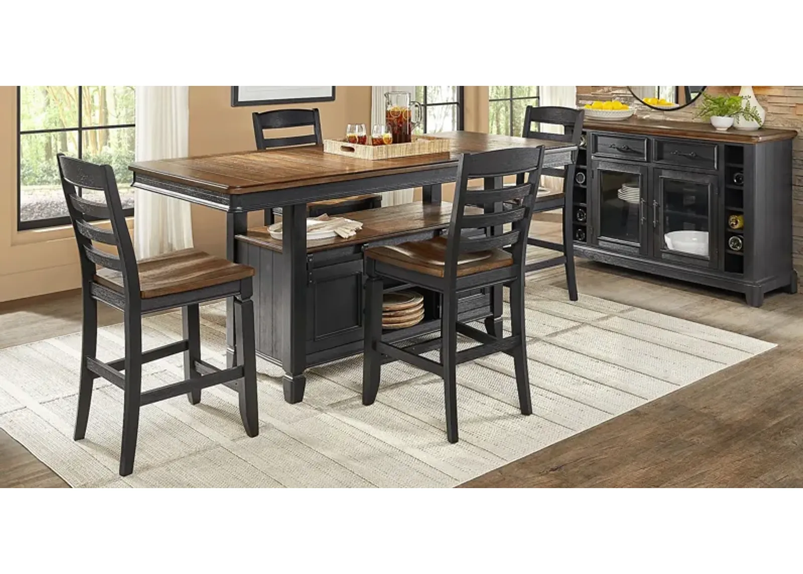 Country Lane Black 5 Pc Counter Height Storage Dining Room with Ladder Back Stools