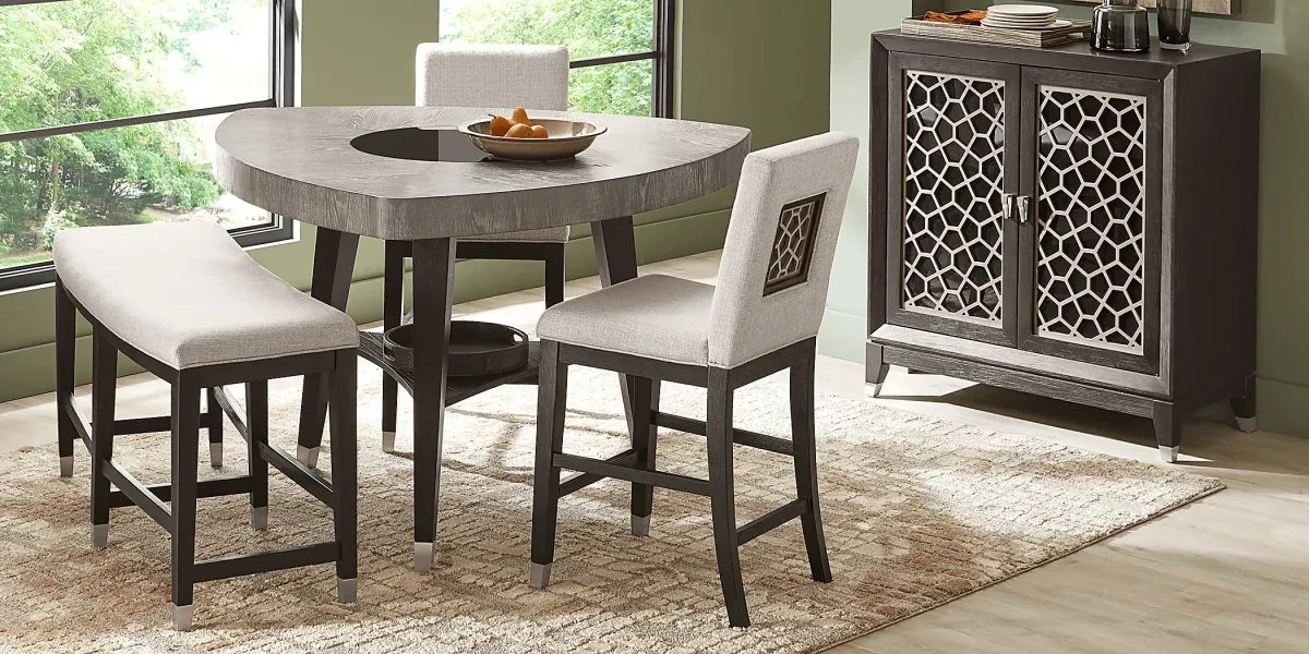 Rosalie Gray 4 Pc Counter Height Dining Room with Gray Stools and Bench