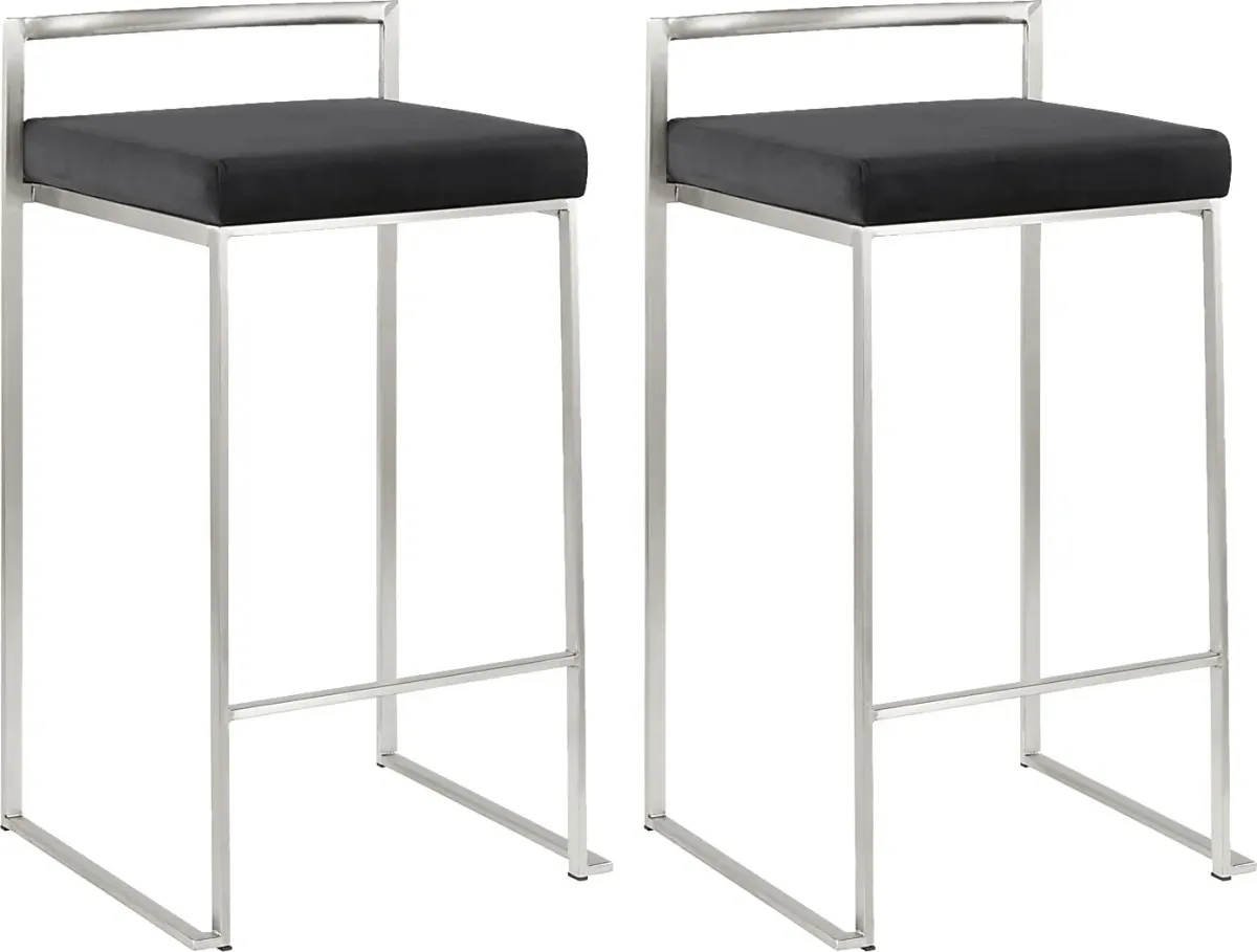 Sora Black Plush Brushed Metal Counter Height Stool, Set of 2