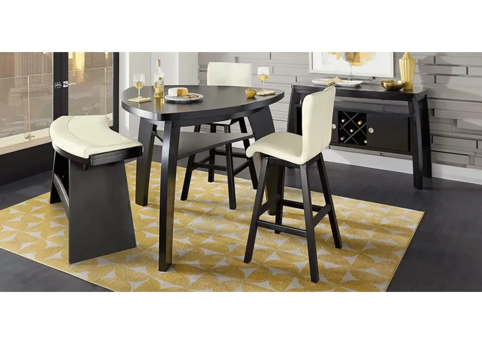 Cider Creek Chocolate 4 Pc Bar Height Dining Room With Vanilla Stools and Curved Bench