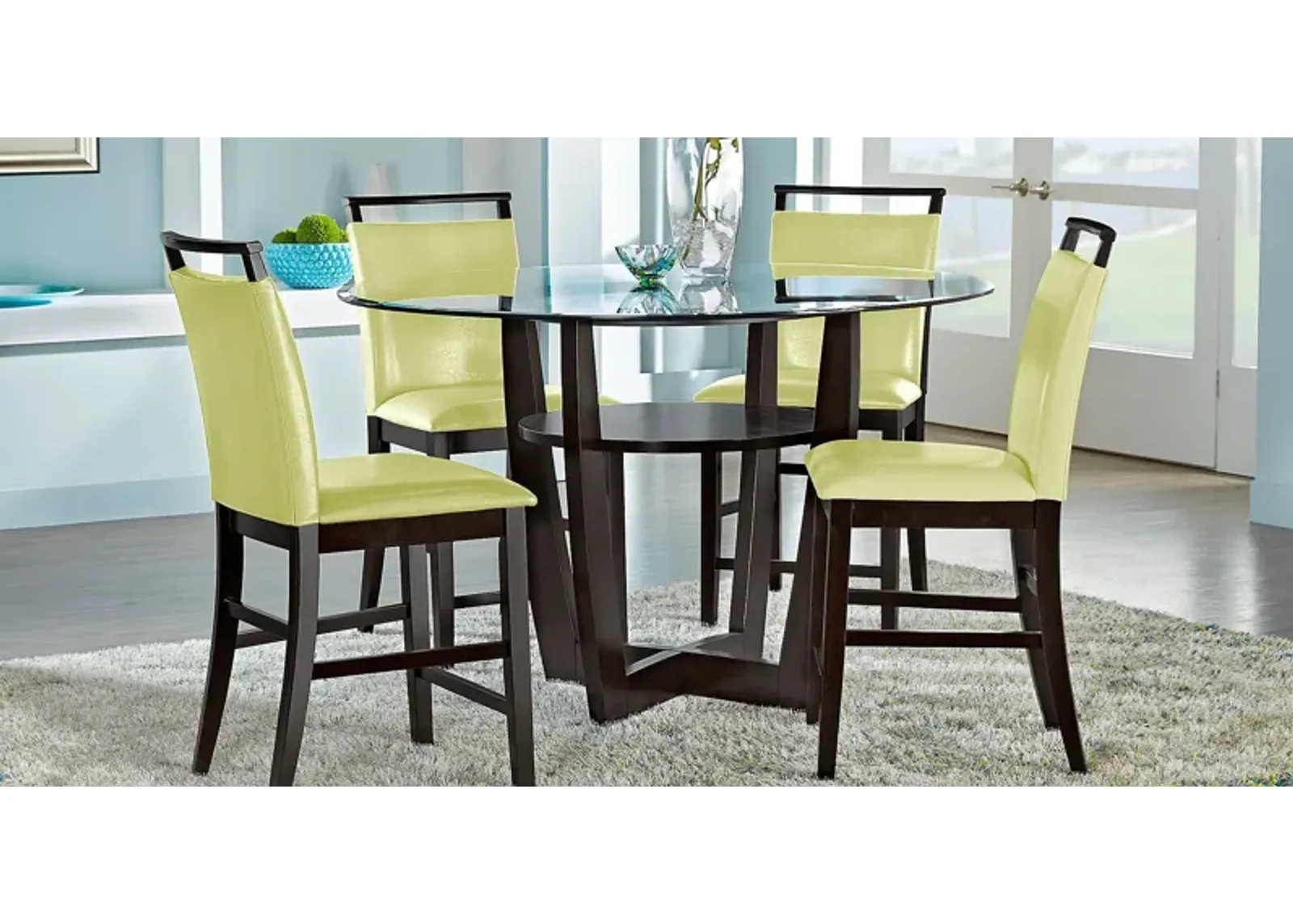 Ciara Espresso 5 Pc 54"" Round Counter Height Dining Set with Green Stools