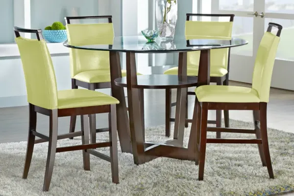Ciara Espresso 5 Pc 54" Round Counter Height Dining Set with Green Stools