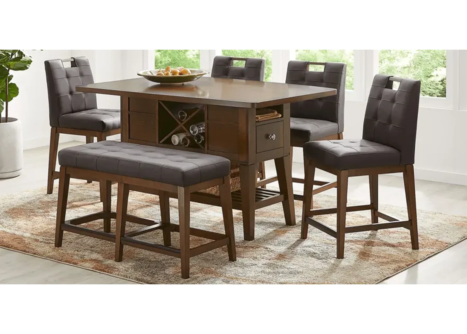 Walstead Place Brown 6 Pc Counter Height Dining Room with Brown Bench and Barstools