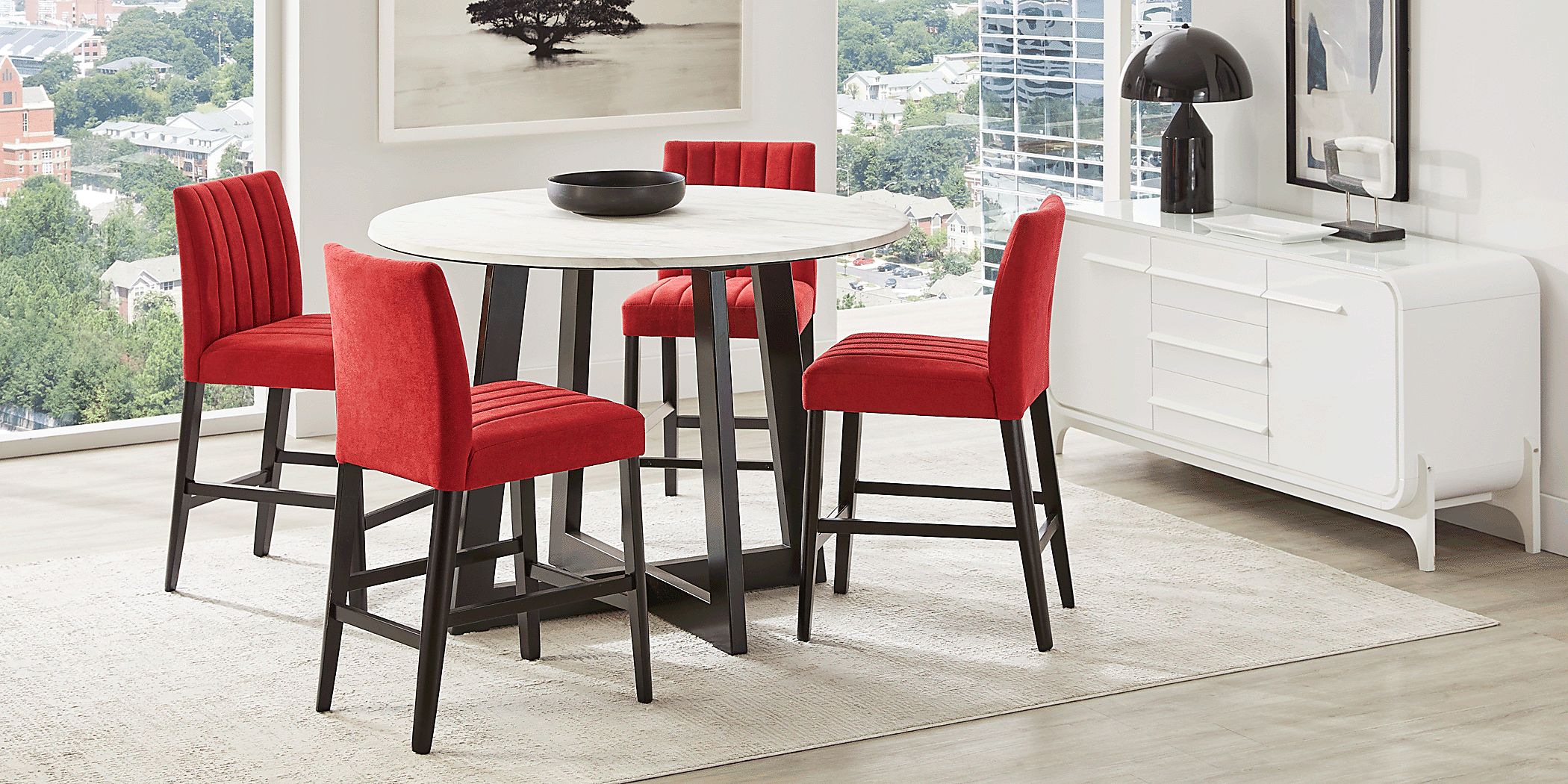 Jarvis White 5 Pc Counter Height Dining Room with Red Side Chairs