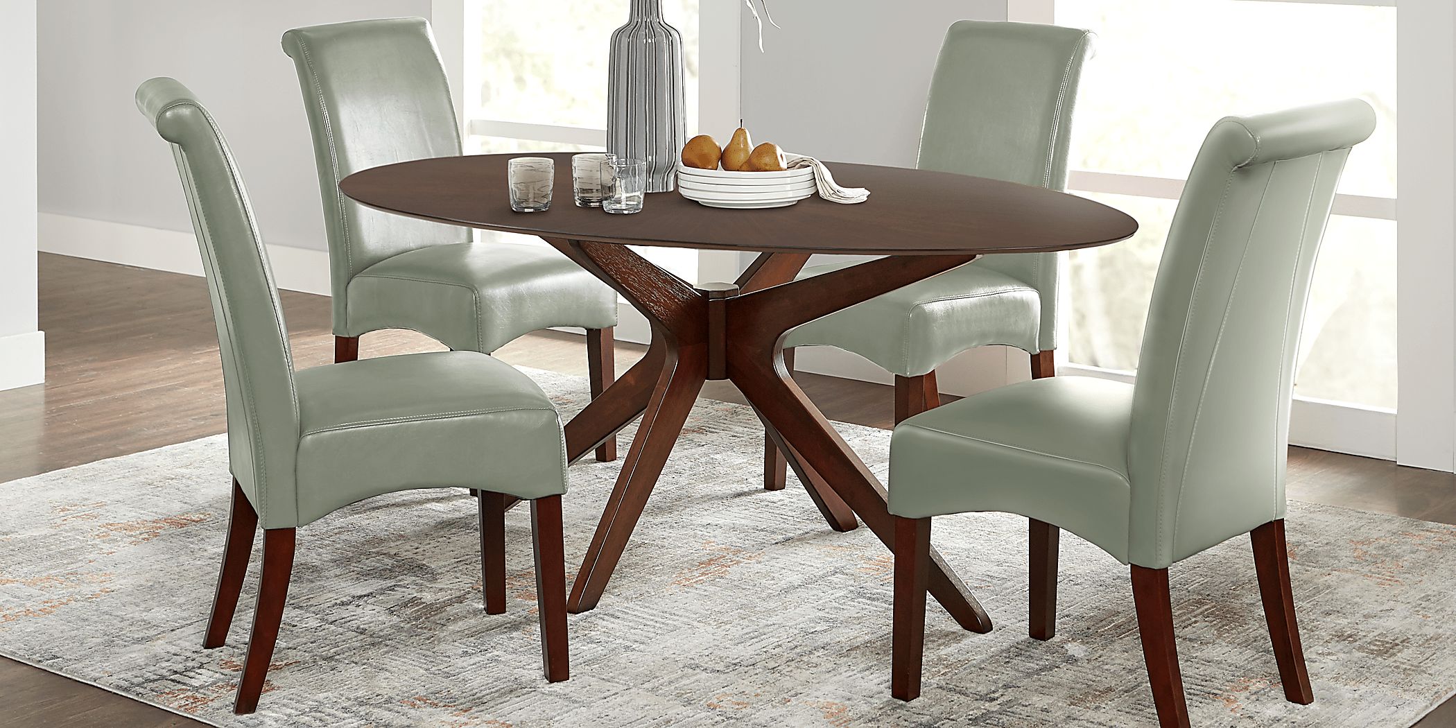 Delmon Walnut 5 Pc Oval Dining Set with Green Chairs