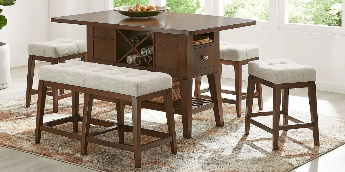 Walstead Place Brown 6 Pc Counter Height Dining Room with Beige Bench and Kyoto Stools